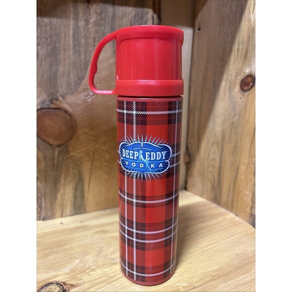 DEEP EDDY VODKA Thermos Red Tartan Plaid Metal Sporting Events Tailgating - Picture 1 of 9